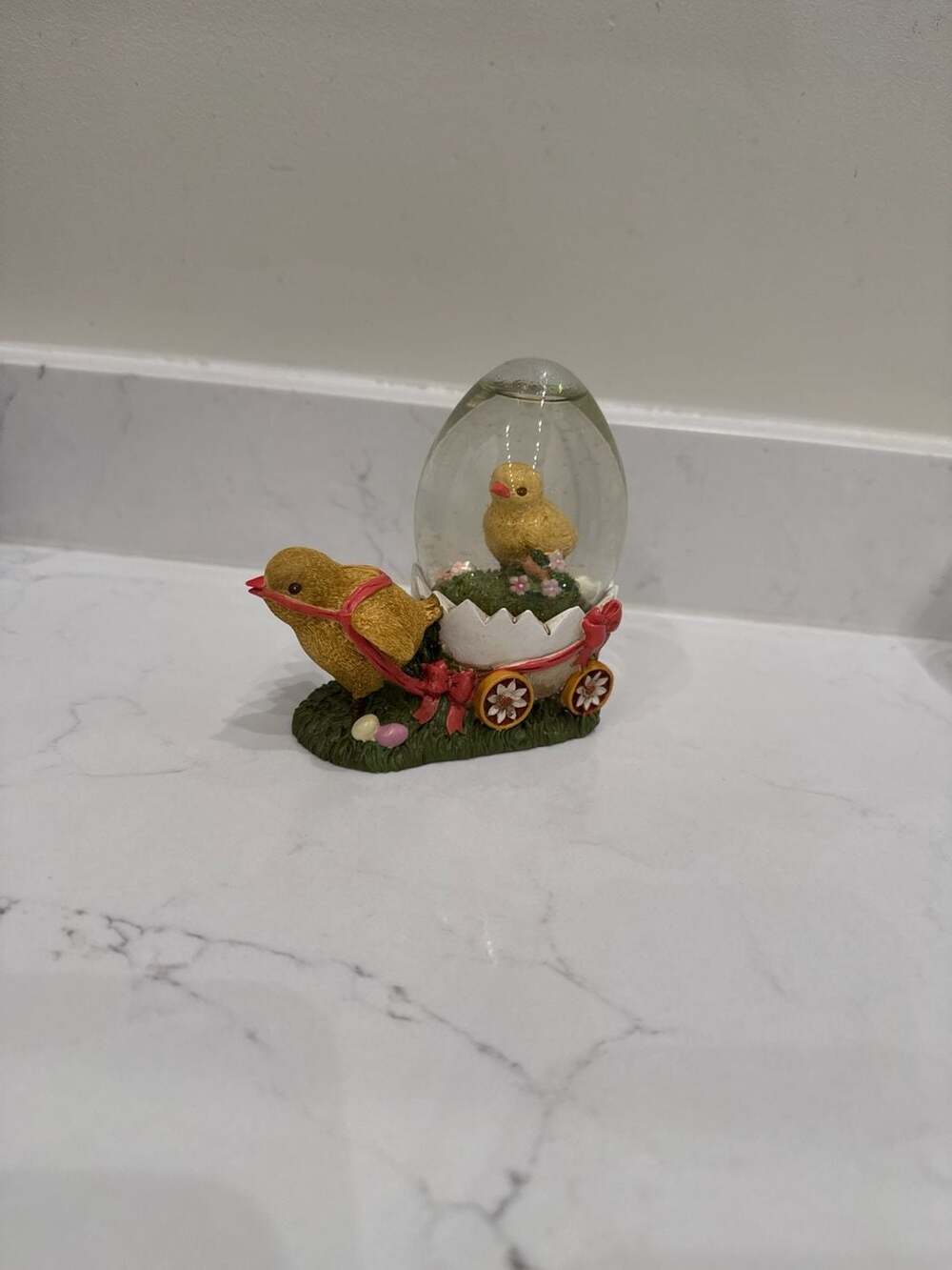 Vintage Resin Easter Chick Pulling Egg-Shaped Snow Globe Figurine
